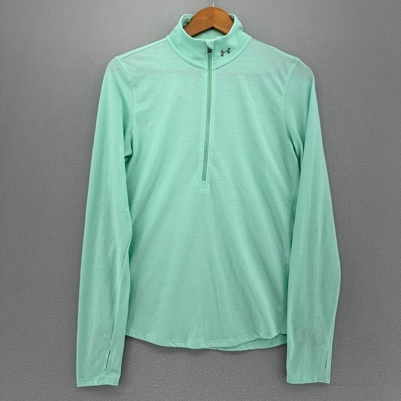 Under Armour HeatGear Run Quarter Zip Pullover Mint Green Striped SZ M Thumbhole - Picture 2 of 8
